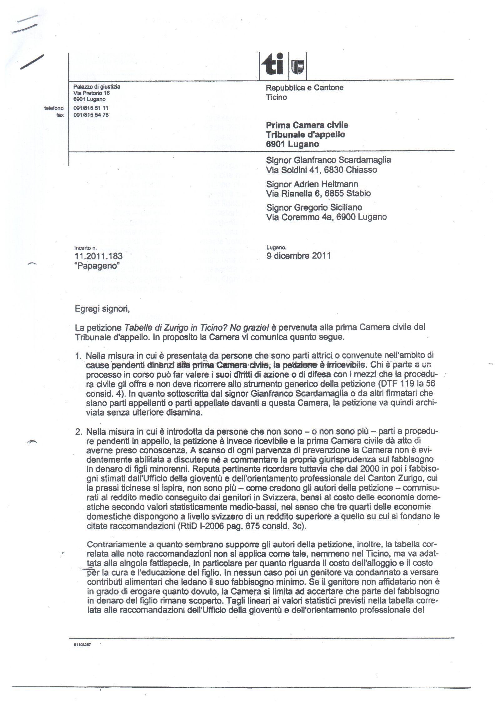 risposta iccappello a petizione tab zh 1